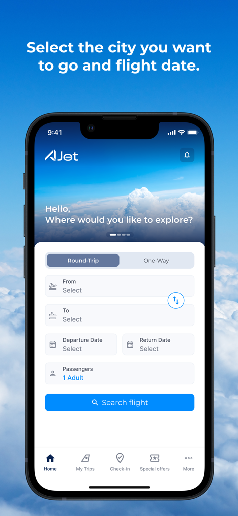 AJet - Cheap Flight Ticket - Interface de recherche de vols de l'application AJet pour réserver des billets aller-retour ou aller simple