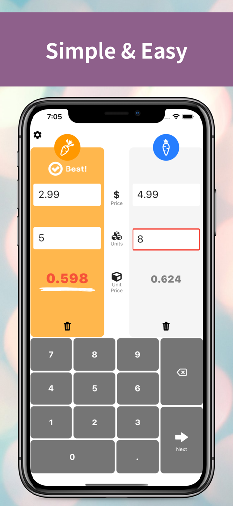 Shopping Unit Price Calculator - Interface of the Shopping Unit Price Calculator app comparing two products to find the best deal based on unit price