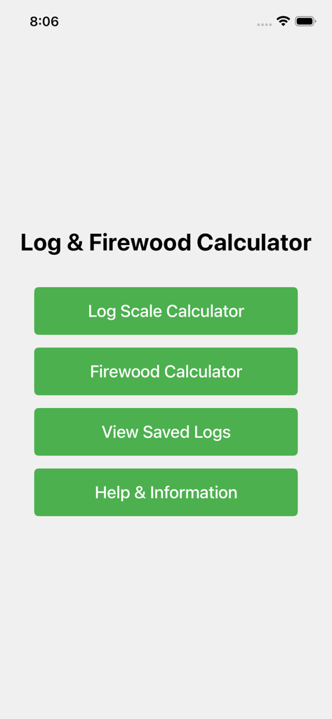 Main menu of the Log and Firewood Calculator mobile app featuring navigation buttons for scale and volume tools.