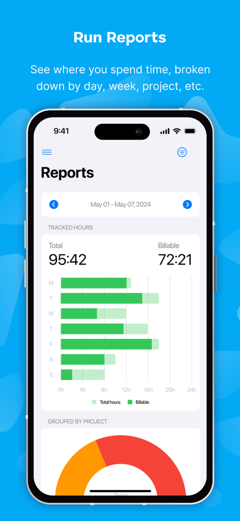 Clockify Time Tracker - Écran des rapports de l'application Clockify affichant les heures totales et facturables avec des diagrammes à barres journaliers et une répartition par projet