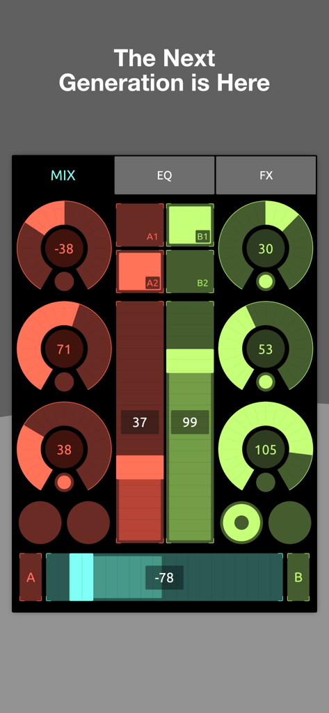 TouchOSC mobile app interface with a custom control layout for mixing and effects