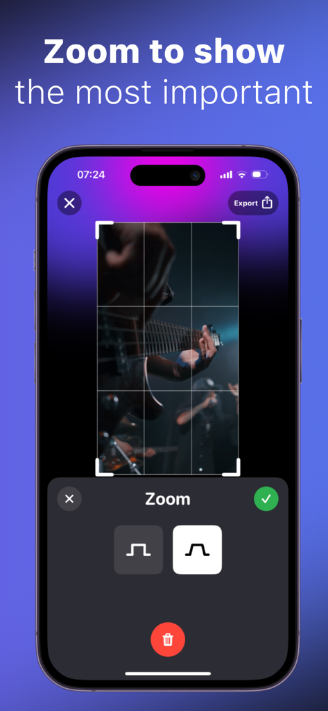 ClipClap: Video Clips Editor - ClipClap 동영상 편집기 인터페이스, 기타리스트 동영상 클립에 줌 기능 적용 방법 표시
