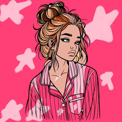 realistic woman with pajamas on and a messy bun