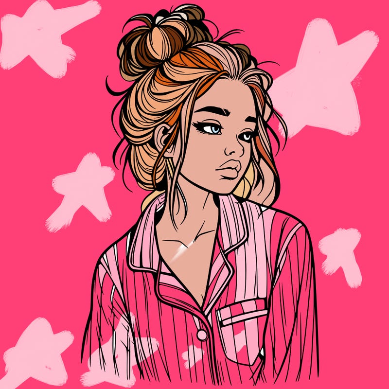 realistic woman with pajamas on and a messy bun