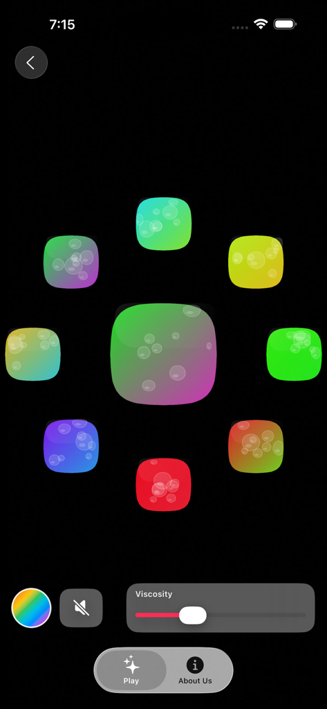 Sensory Slimes - Écran de personnalisation de l'application Sensory Slimes montrant des préréglages de slime colorés et un curseur d'ajustement de viscosité.