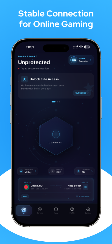 Gamer VPN: Proxy, Game Booster - Gamer VPN app dashboard on an iPhone with a connect button and game booster feature for stable online gaming.