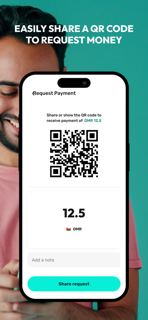Mobile app screen showing a QR code to request money in Omani Rial with the walletii by Ooredoo app