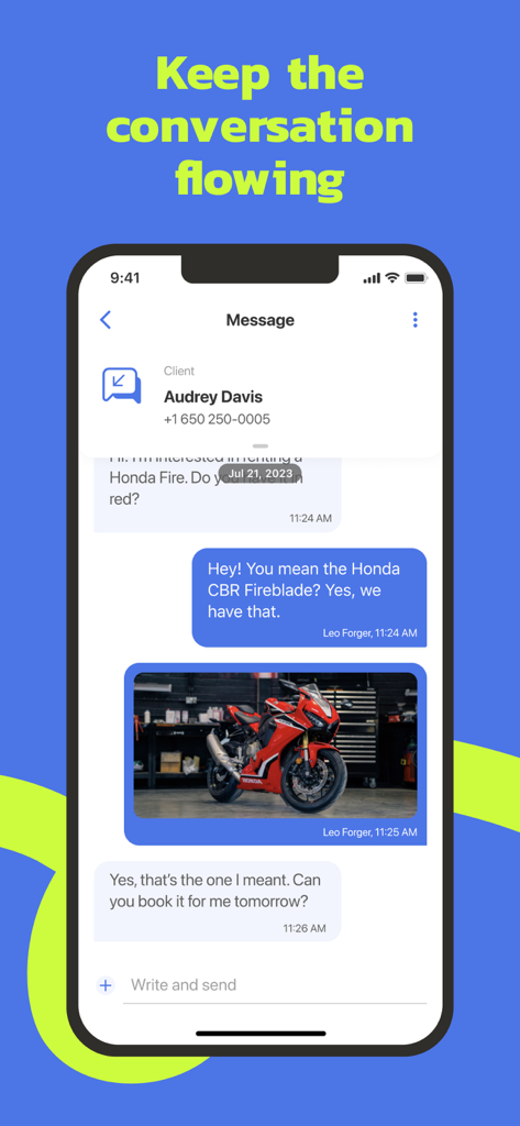 MightyCall app showing a business SMS conversation between a client and a team member with text and image sharing
