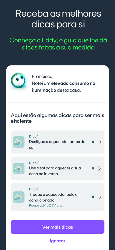 Schermata dell'app EDP con Eddy l'assistente AI che fornisce suggerimenti personalizzati sull'efficienza energetica e proposte di risparmio