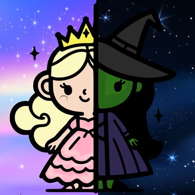 detailed split of a princess and a witch