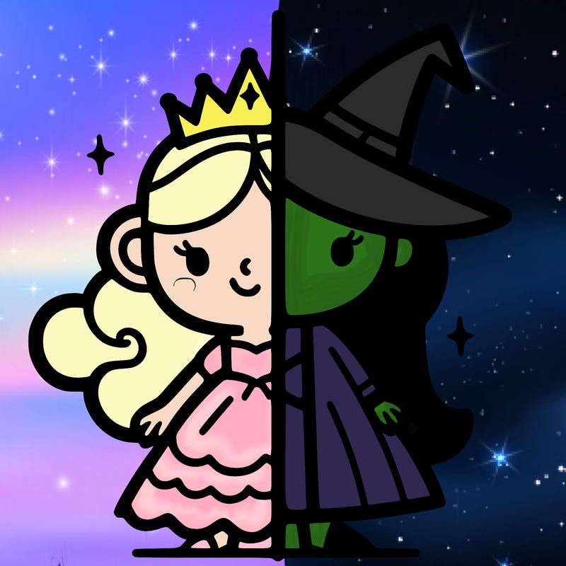 detailed split of a princess and a witch
