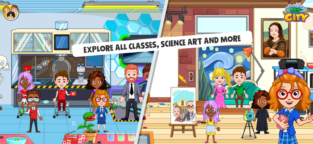My City : High school - Des personnages explorant des salles de sciences et d'art dans My City Lycée.