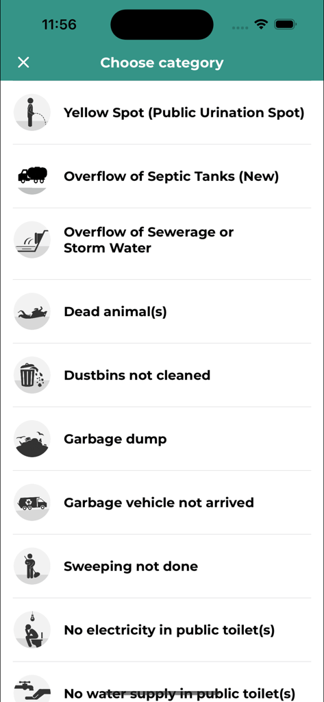 Swachhata-MoHUA - Screen showing various categories for reporting civic sanitation issues in the Swachhata-MoHUA app