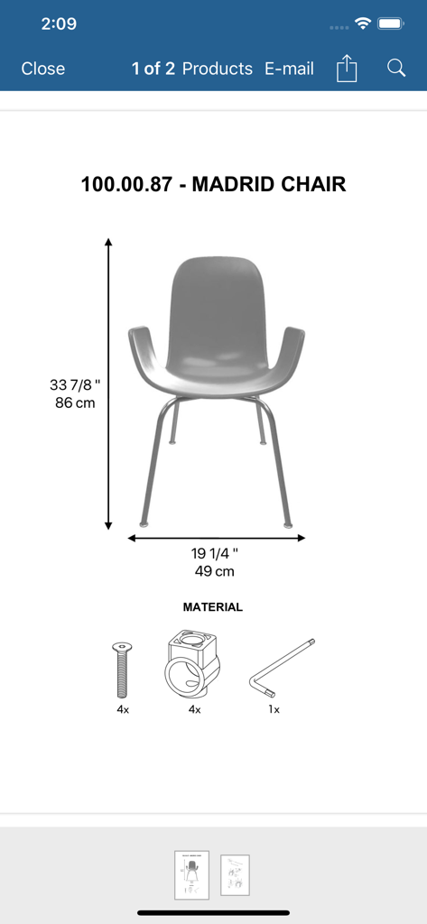 Negotti - Interface do aplicativo Negotti exibindo especificações, dimensões e materiais de montagem da cadeira Madrid