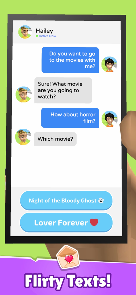 Kiss in Public: Dating Choices - 『Kiss in Public』のゲーム内スクリーンショットで、映画の選択肢が表示されたキャラクター間のテキスト会話が表示されています。