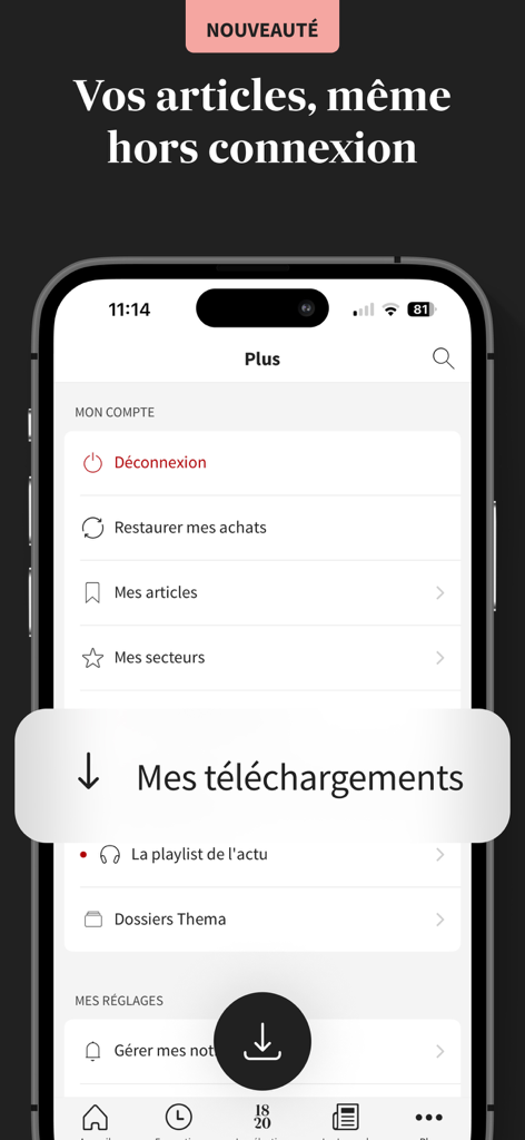L'interface de l'application mobile Les Echos met en avant la nouvelle fonctionnalité de lecture hors ligne et de téléchargement d'articles.