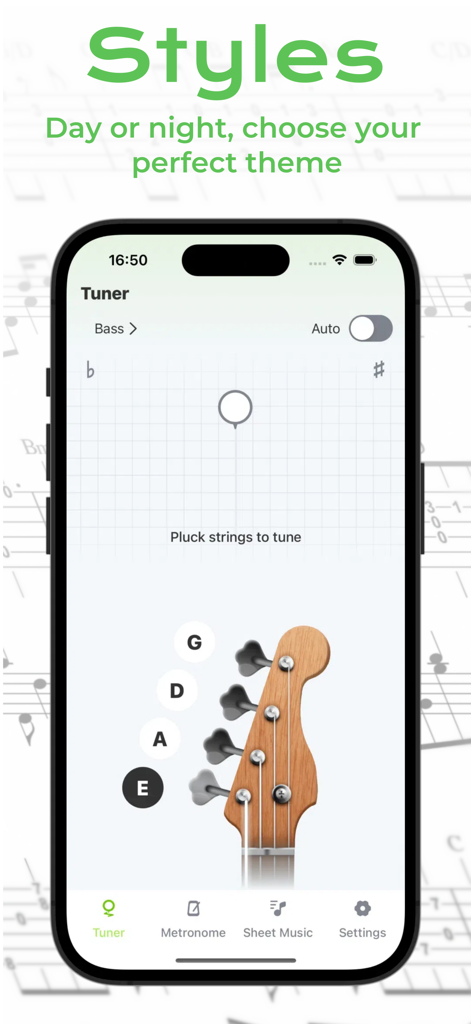 La aplicación Guitar Creator Pro mostrando una interfaz de afinador de bajo con un tema claro
