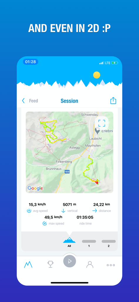 Ski & snowboard tracker - Interface de l'application Snowduck montrant une carte 2D avec les traces de ski et les statistiques de performance de la session