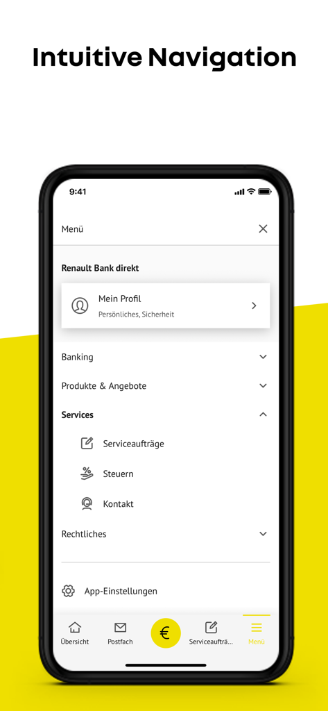 Un écran de smartphone montrant le menu de navigation intuitif de l'application bancaire Renault Bank direkt avec les options de profil et de service.