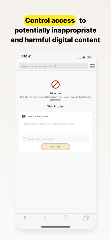 Captura de pantalla de la aplicación Norton Family que muestra un sitio web bloqueado con la opción de que el niño pida permiso para acceder al contenido.