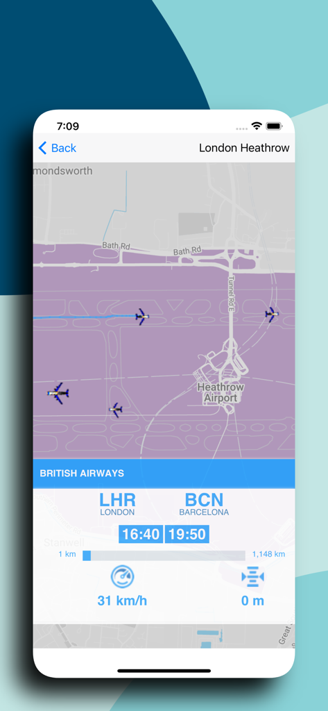 BAW: British Airways Air Sonar - App tracker voli British Airways che mostra la mappa dell'aeroporto e i dettagli dei voli in tempo reale.