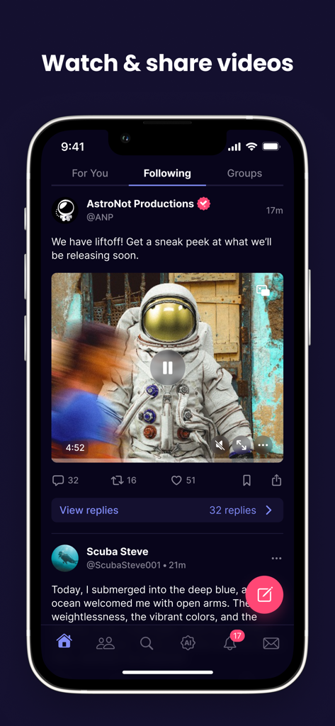 Truth Social - Interfaz de la aplicación Truth Social que muestra el feed de seguimiento con una publicación de video y el titular Ve y comparte videos.