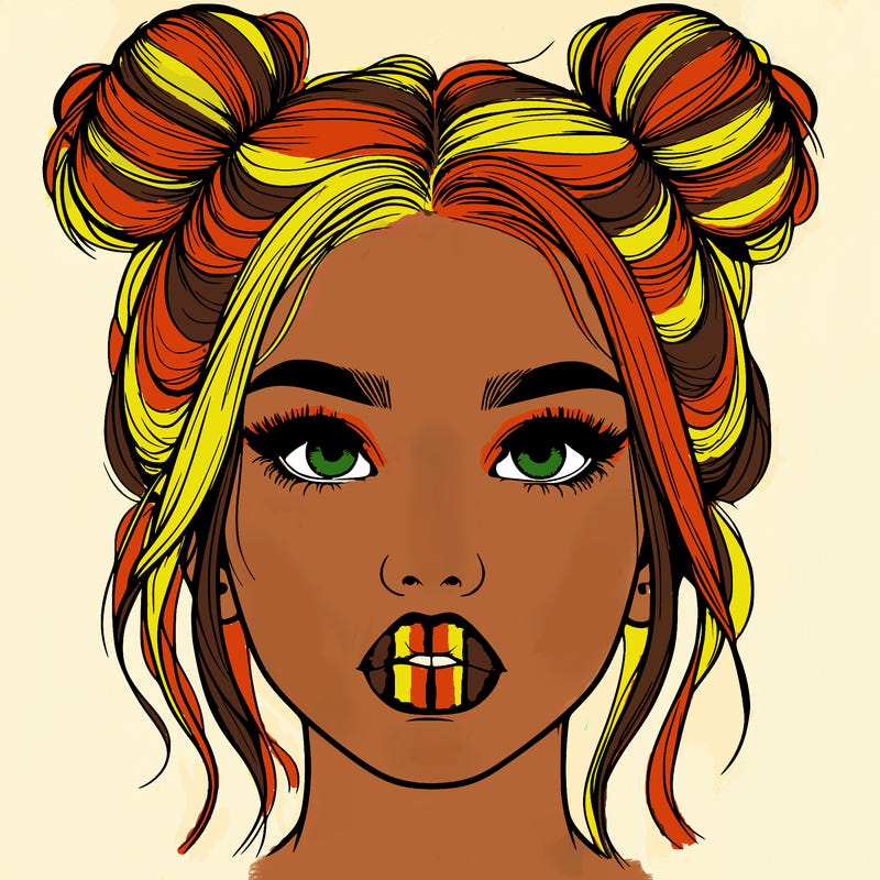 realistic girl with two buns on her hair and lips
