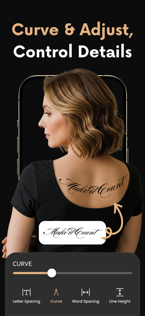 Tattoo Fonts Maker: Tattify - Preview of a cursive text tattoo being adjusted on a woman's back using the Tattify app