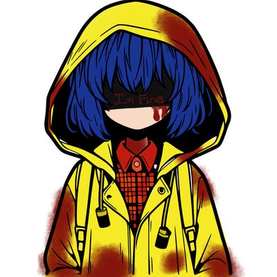 little anime girl in a raincoat her hair is covering her eyes she has a lighter