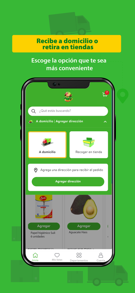 Maxi Despensa - Mobile screen of Maxi Despensa app showing options for home delivery or in-store pickup with a button to add a delivery address.