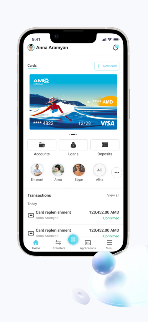AMIO Mobile - AMIO Mobile app home screen displaying a digital card in AMD and recent transaction history