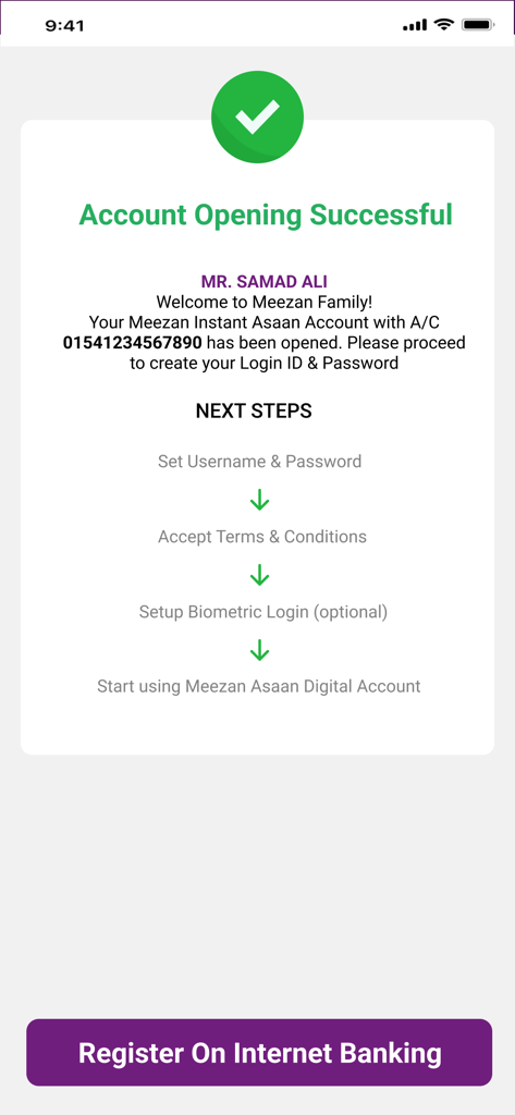 Meezan Digital Account Opening - Schermata mobile che mostra una conferma di apertura conto riuscita con Meezan Bank e i passaggi successivi per la registrazione all'internet banking