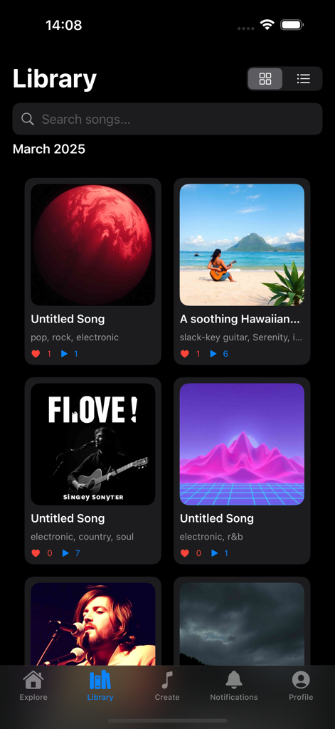 Melo - AI Song Generator - Interface do aplicativo Melo AI Song Generator exibindo uma biblioteca de faixas de música criadas pelo usuário com arte de capa e gêneros.