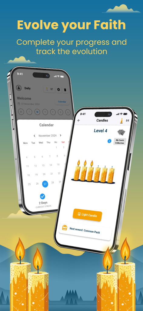 Spiritual progress tracking with a calendar and candle lighting levels in the Faith Daily Growth app