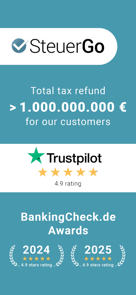 Tax Return Germany | Steuer Go - Pantalla promocional de la aplicación SteuerGo que muestra más de mil millones de euros en reembolsos de impuestos totales y altas calificaciones de Trustpilot y BankingCheck