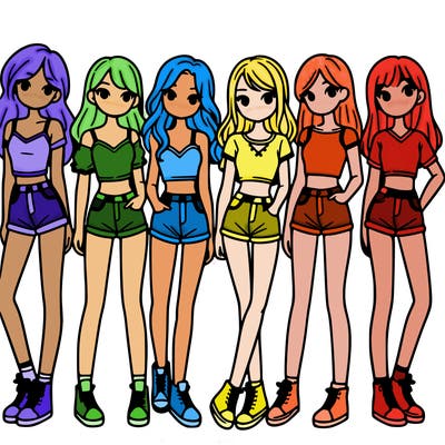 a group of girls wearing crop tops and shorts