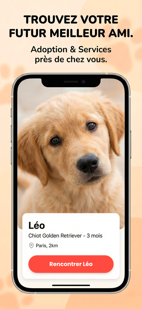 Adopt Animaux - Adopt Animaux 앱 인터페이스에 입양을 위한 골든 리트리버 강아지가 표시됨