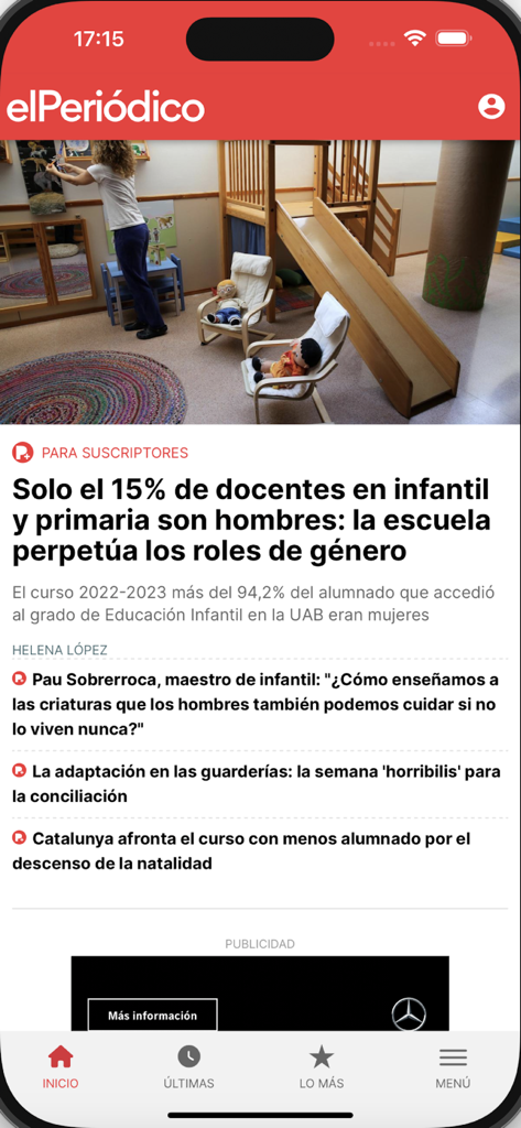 El Periodico news app homepage with an article on gender roles in education.