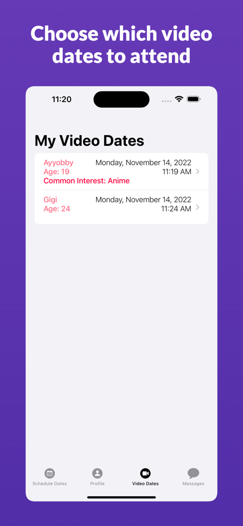 Cuff: Video Chat, Make Friends - Interfaz que muestra una lista de citas por video programadas con posibles coincidencias en la aplicación Cuff.