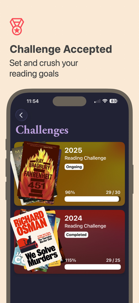 Storylines app interface displaying annual reading challenges with book progress bars and cover art