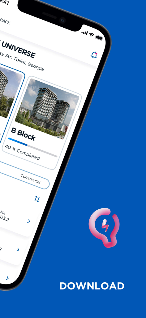 My Archi - Smartphone screen displaying My Archi property management app with building construction progress