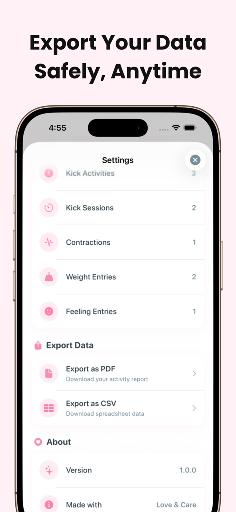 Pantalla de configuración de la aplicación BabyKicks que muestra opciones para exportar datos de patadas fetales y de embarazo en formato PDF o CSV