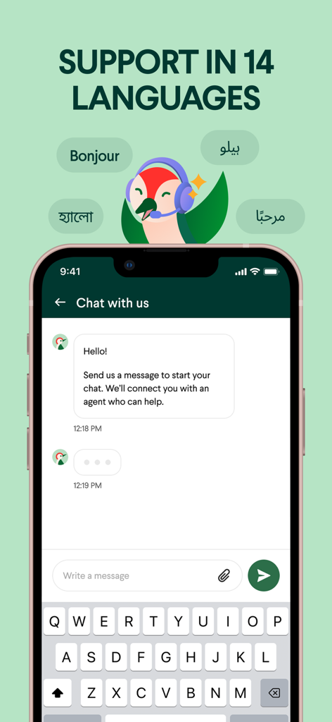 Taptap Send: Money Transfer - Taptap Send mobile app screenshot showing customer support chat with support available in 14 languages.