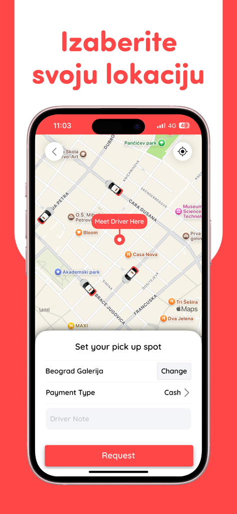 Rapid: Order a Ride - Vista de mapa en la aplicación de transporte Rapid para seleccionar un lugar de recogida y solicitar un viaje en Belgrado.