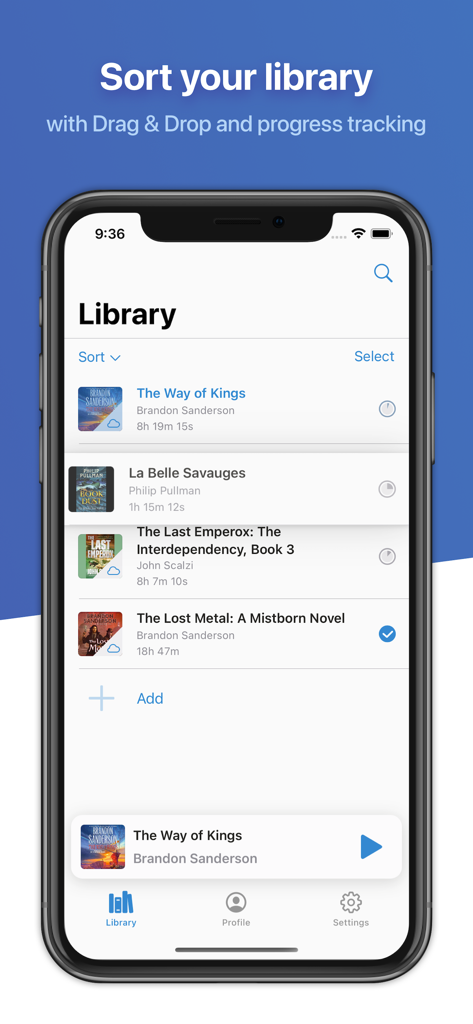 BookPlayer - Schermata della libreria di BookPlayer che mostra l'elenco degli audiolibri con monitoraggio dei progressi e opzioni di ordinamento