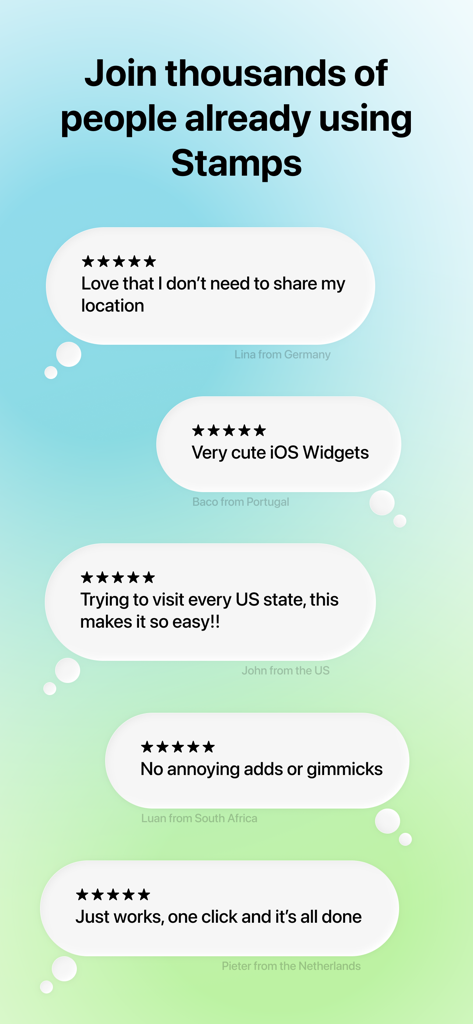 A collection of five-star user testimonials for the Stamps Travel Tracker app on a colorful gradient background.