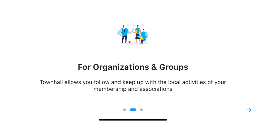 Pantalla de incorporación de la aplicación Townhall que explica las funciones para organizaciones y grupos comunitarios