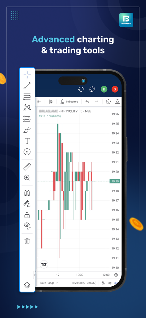 Advanced stock market charting and technical analysis tools on the Bajaj Broking mobile app interface
