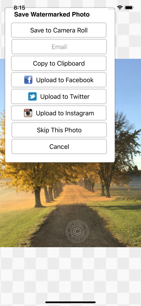 iWatermark Lite app interface displaying a menu with options to save a watermarked photo to the camera roll or share it on Facebook, Twitter, and Instagram.