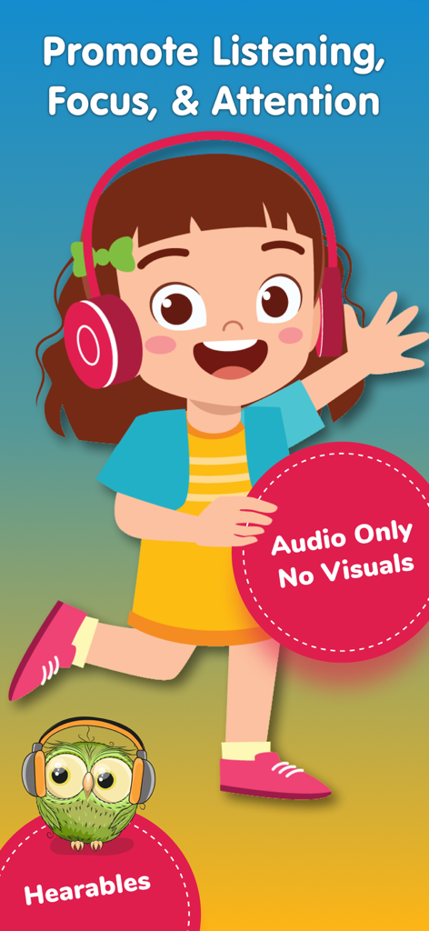 Read-Along: Books For Kids App - Gráfico promocional de una aplicación para niños que destaca las funciones de solo audio para promover la escucha y la concentración